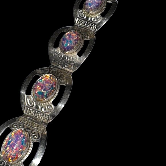 Vintage 1970s Silver 925 Panel Bracelet Faux Opal Beads Cabochons Mexico - Picture 5 of 14